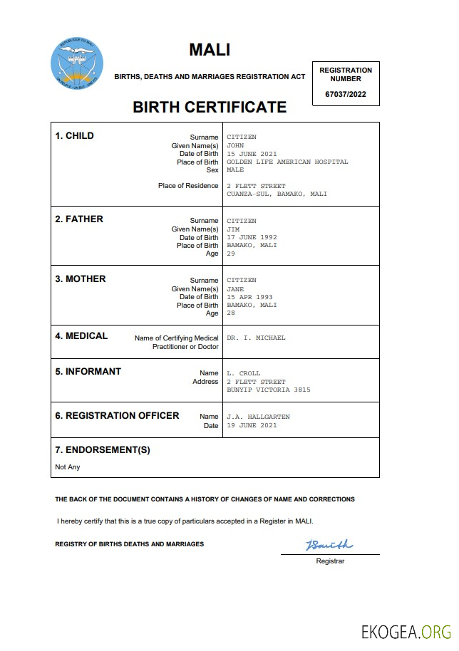 Modèle Word et PDF d'acte de naissance d'acte d'état civil du Mali